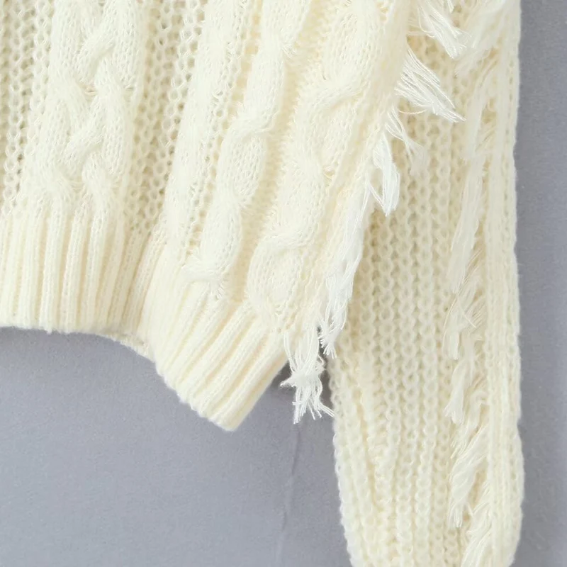 Damen Grobgestrickter V‑Ausschnitt‑Pullover mit Zopfmuster und Fransen Nord Taschen