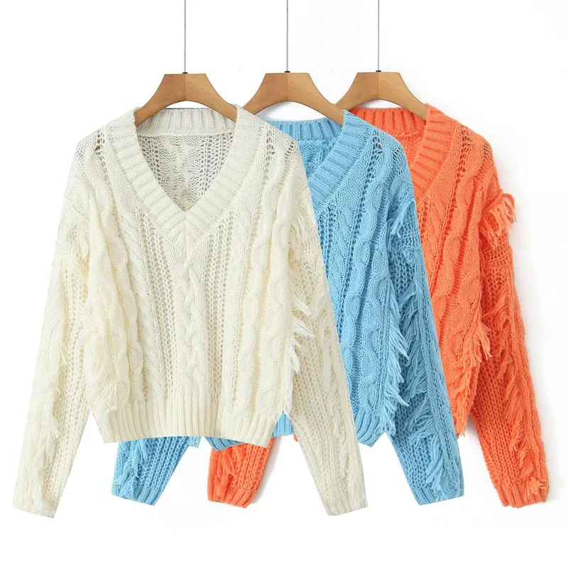 Damen Grobgestrickter V‑Ausschnitt‑Pullover mit Zopfmuster und Fransen Nord Taschen