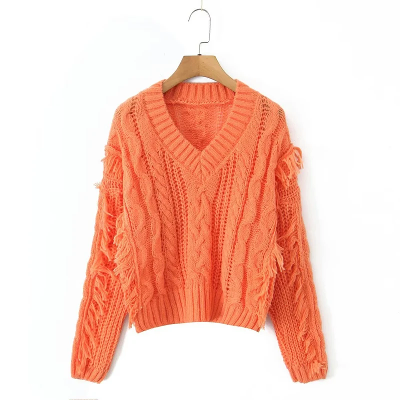 Damen Grobgestrickter V‑Ausschnitt‑Pullover mit Zopfmuster und Fransen Nord Taschen