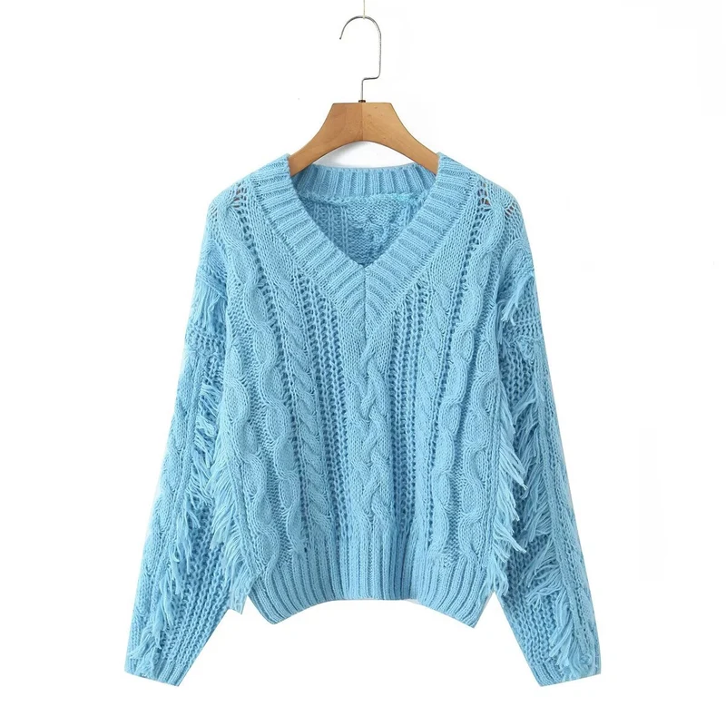 Damen Grobgestrickter V‑Ausschnitt‑Pullover mit Zopfmuster und Fransen Nord Taschen