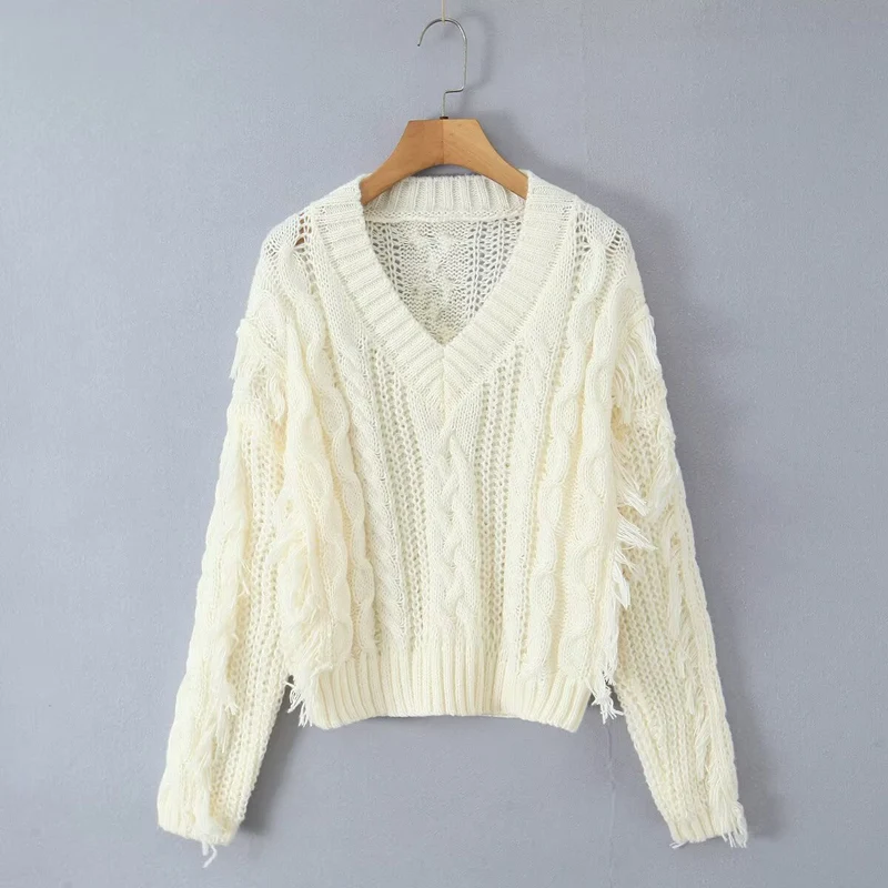 Damen Grobgestrickter V‑Ausschnitt‑Pullover mit Zopfmuster und Fransen Nord Taschen
