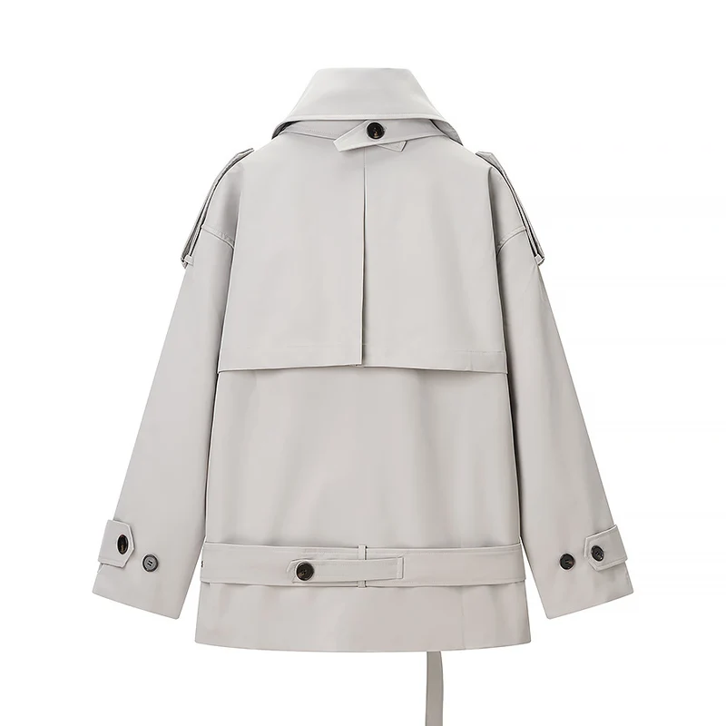 Damen Kurzjacke im Trenchstil mit hohem Stehkragen, doppelreihiger Front und Taillengürtel Nord Taschen