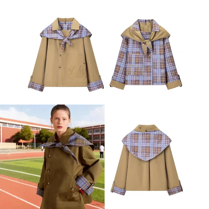 Damen Kurzjacke im Trench-Cape-Mix mit karierter Schalkragen‑Schleife Nord Taschen