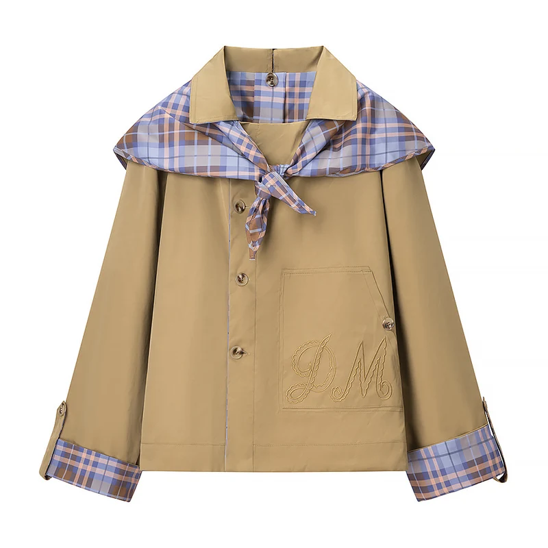 Damen Kurzjacke im Trench-Cape-Mix mit karierter Schalkragen‑Schleife Nord Taschen