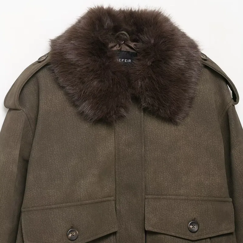 Damen Kurzjacke im Piloten‑Bomberstil mit Kunstfell‑Schalkragen Nord Taschen