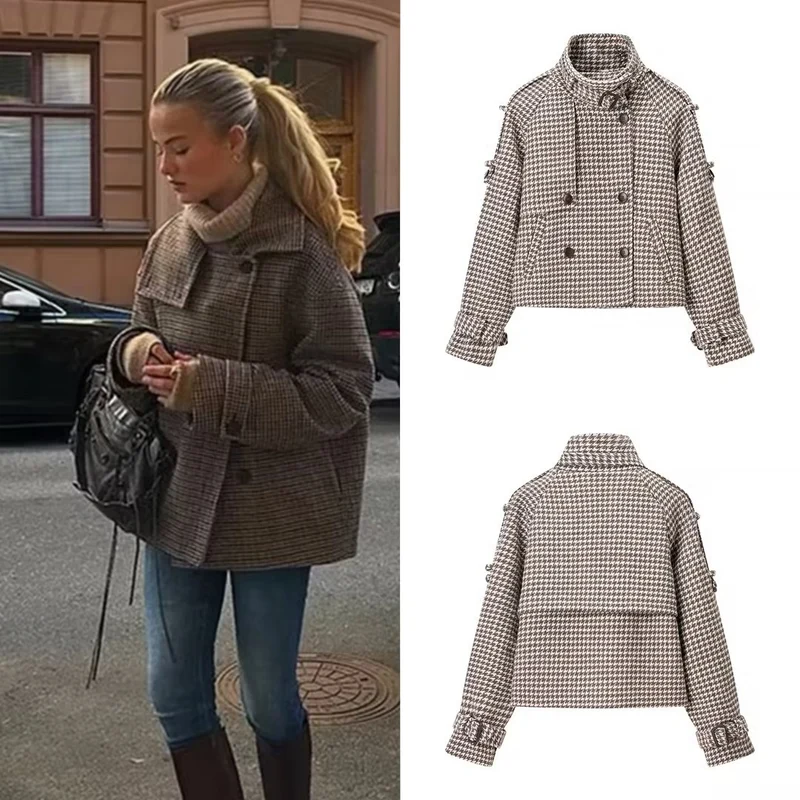 Damen Kurzjacke im Hahnentritt mit Stehkragen, Doppelreiher und Taillendetails Nord Taschen