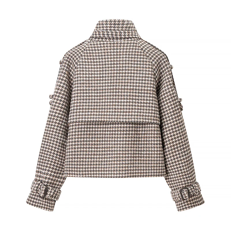 Damen Kurzjacke im Hahnentritt mit Stehkragen, Doppelreiher und Taillendetails Nord Taschen