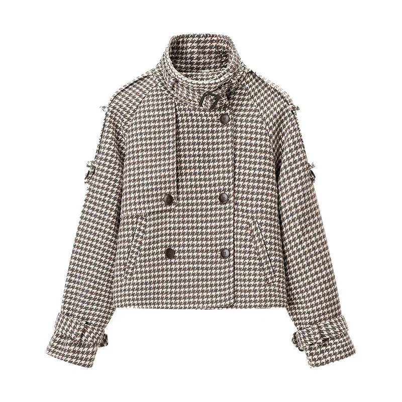 Damen Kurzjacke im Hahnentritt mit Stehkragen, Doppelreiher und Taillendetails Nord Taschen