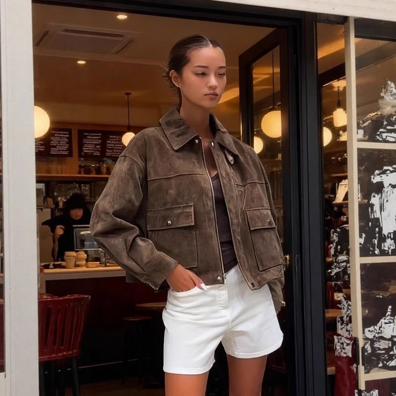 Damen Kurzjacke im Fieldstil aus Wildlederoptik mit XXL-Taschen Nord Taschen