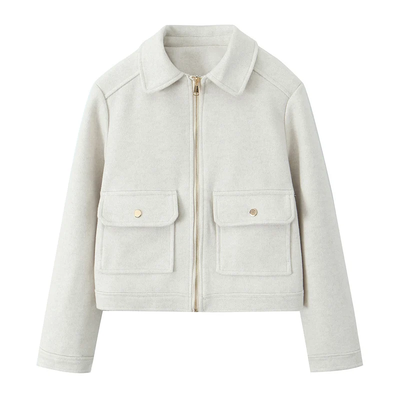 Damen Kurzjacke im Boxy‑Schnitt mit Reißverschluss, Pattentaschen und Hemdkragen Nord Taschen