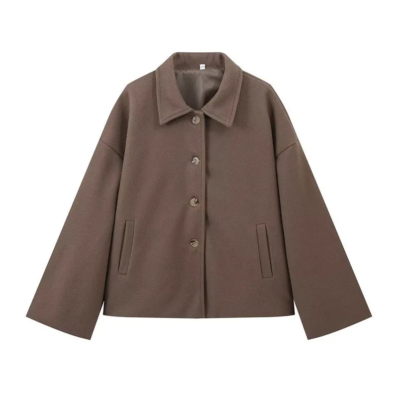 Damen Kurzjacke im Boxy‑Schnitt aus Wollmix mit Hemdkragen und verdeckter Knopfleiste Nord Taschen