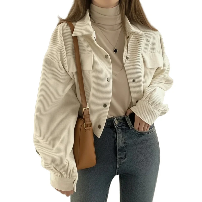 Damen Kurz geschnittene Overshirt-Jacke aus Feinkord mit Druckknöpfen, Brustklappen und voluminösen Ärmeln Nord Taschen