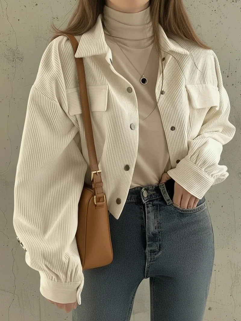 Damen Kurz geschnittene Overshirt-Jacke aus Feinkord mit Druckknöpfen, Brustklappen und voluminösen Ärmeln Nord Taschen