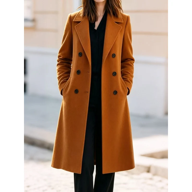 Damen Klassischer Doppelreihiger Wollmix-Mantel mit konturierter Taille Nord Taschen