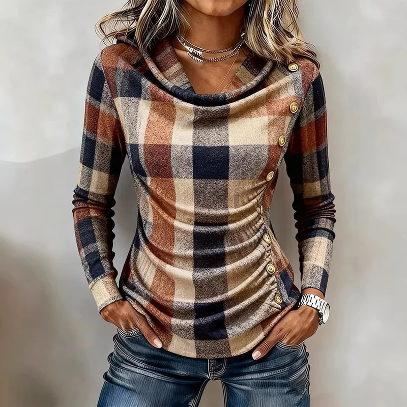 Damen Kariertes tailliertes Langarmshirt mit Wasserfallausschnitt und seitlicher Knopfleiste Nord Taschen