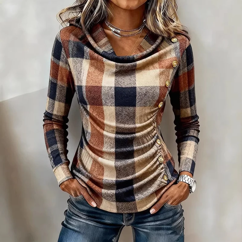 Damen Kariertes tailliertes Langarmshirt mit Wasserfallausschnitt und seitlicher Knopfleiste Nord Taschen