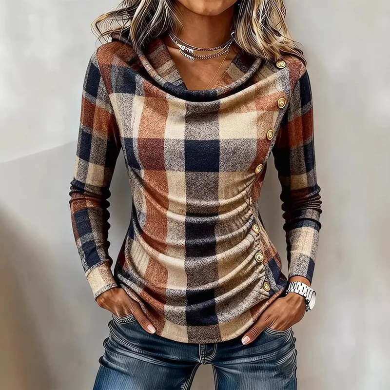 Damen Kariertes tailliertes Langarmshirt mit Wasserfallausschnitt und seitlicher Knopfleiste Nord Taschen