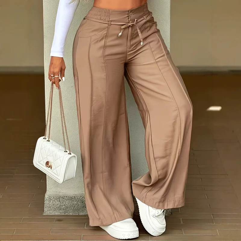 Damen High-Waist Weitbein-Hose mit Tunnelzug, Ziernähten und Eingrifftaschen Nord Taschen