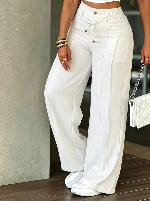 Damen High-Waist Weitbein-Hose mit Tunnelzug, Ziernähten und Eingrifftaschen Nord Taschen