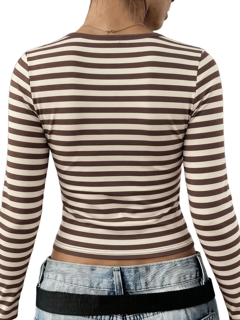 Damen Gestreiftes tailliertes Langarm-Henley-Shirt mit U-Boot-Ausschnitt Nord Taschen
