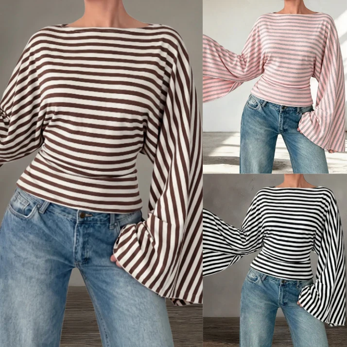 Damen Gestreiftes Shirt mit Carmenausschnitt, taillierter Silhouette und Trompetenärmeln Nord Taschen