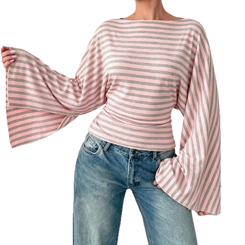 Damen Gestreiftes Shirt mit Carmenausschnitt, taillierter Silhouette und Trompetenärmeln Nord Taschen