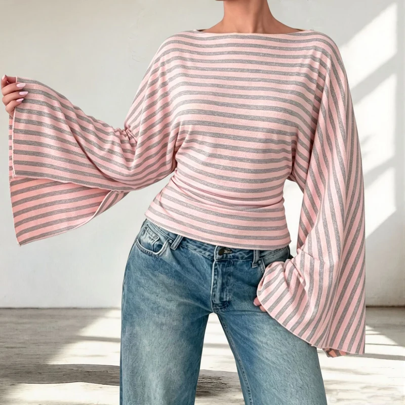 Damen Gestreiftes Shirt mit Carmenausschnitt, taillierter Silhouette und Trompetenärmeln Nord Taschen