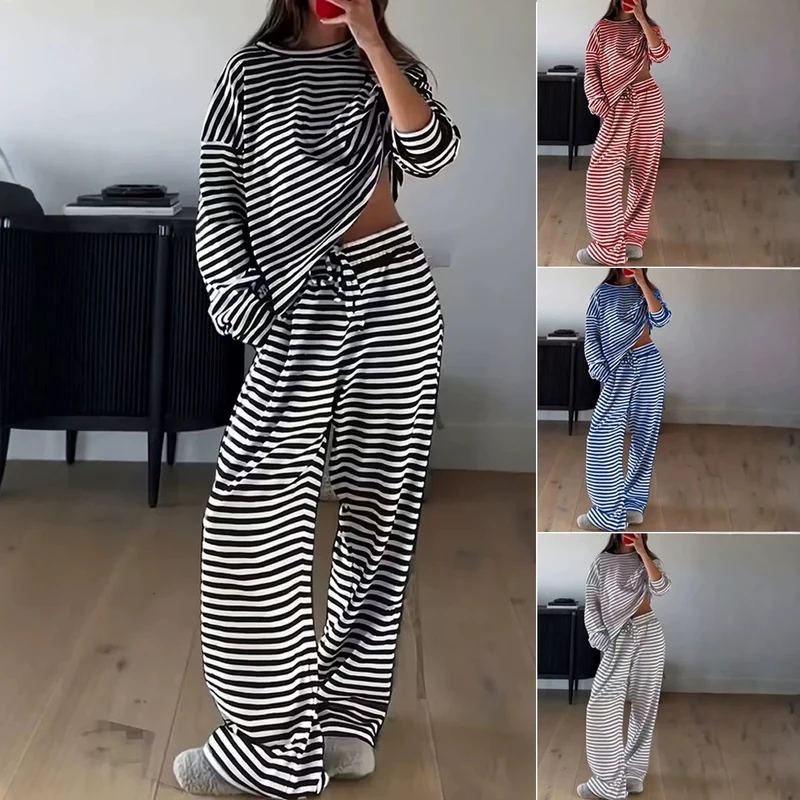 Damen Gestreiftes Loungewear-Set mit Oversize-Sweatshirt und elastischer Tunnelzug-Hose Nord Taschen
