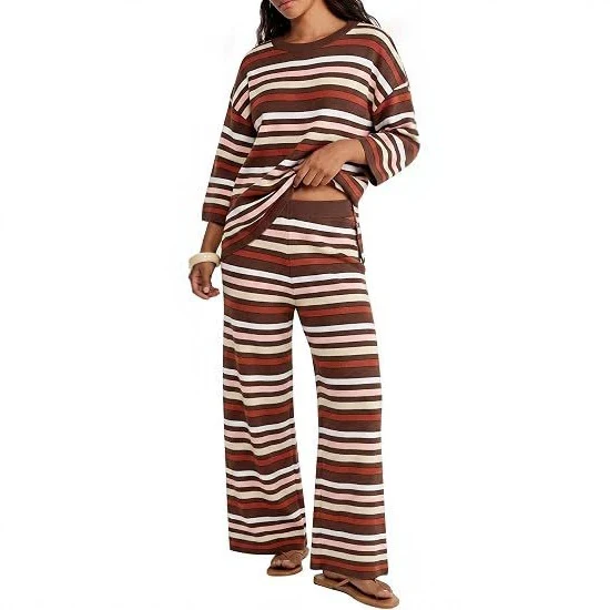 Damen Gestreiftes Lounge-Set aus leichtem Strick mit weitem Bein und 3/4-Ärmeln Nord Taschen
