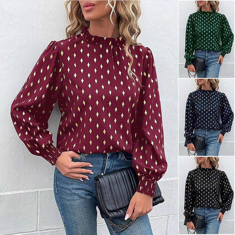 Damen Elegante Chiffonbluse mit Rauten-Print, gerafftem Stehkragen und Ballonärmeln Nord Taschen