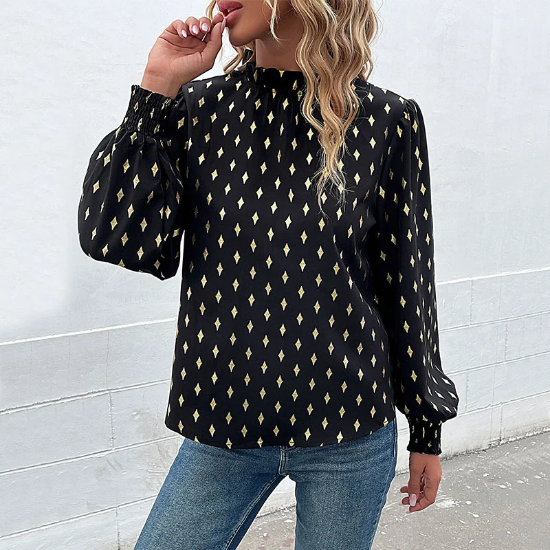 Damen Elegante Chiffonbluse mit Rauten-Print, gerafftem Stehkragen und Ballonärmeln Nord Taschen