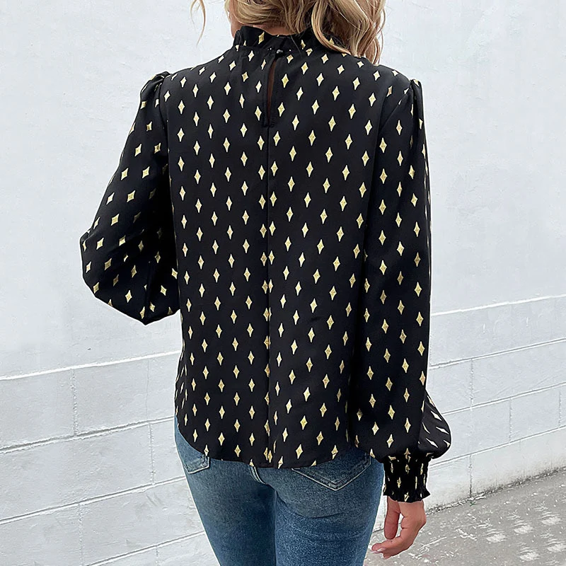 Damen Elegante Chiffonbluse mit Rauten-Print, gerafftem Stehkragen und Ballonärmeln Nord Taschen