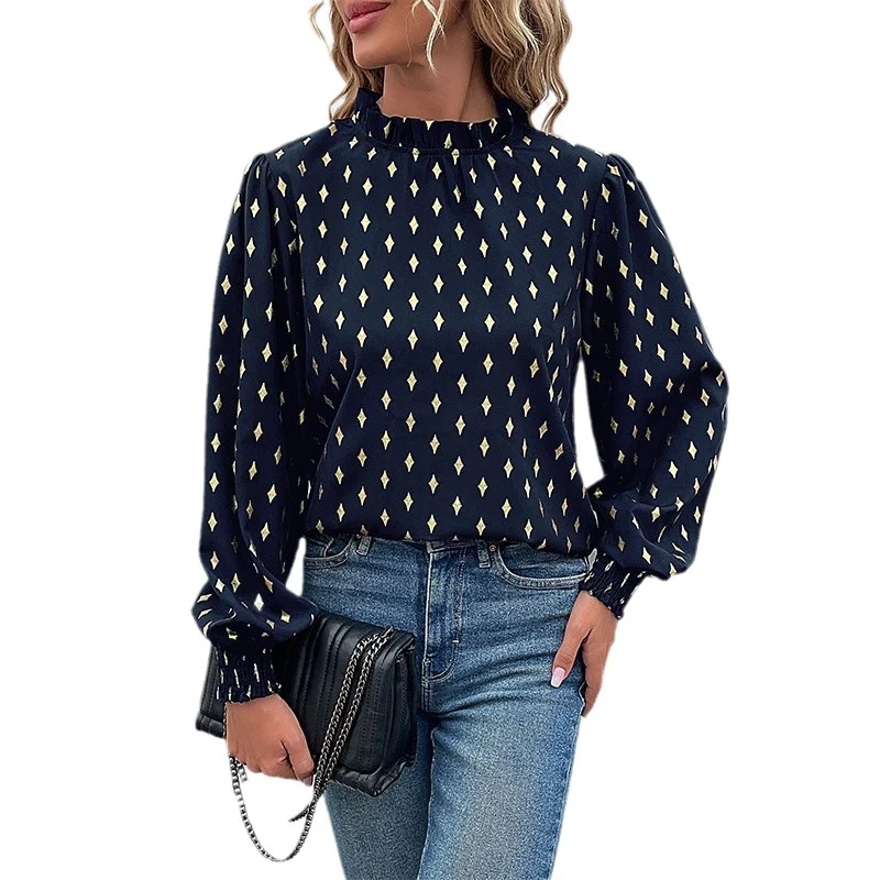 Damen Elegante Chiffonbluse mit Rauten-Print, gerafftem Stehkragen und Ballonärmeln Nord Taschen