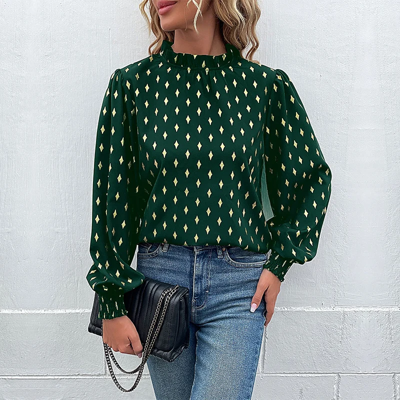 Damen Elegante Chiffonbluse mit Rauten-Print, gerafftem Stehkragen und Ballonärmeln Nord Taschen