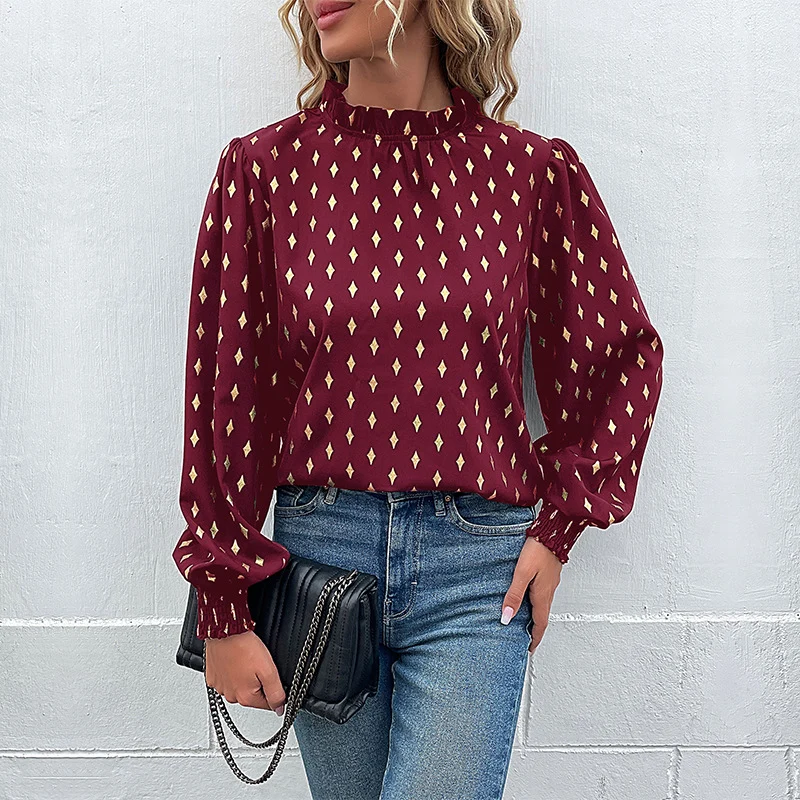 Damen Elegante Chiffonbluse mit Rauten-Print, gerafftem Stehkragen und Ballonärmeln Nord Taschen