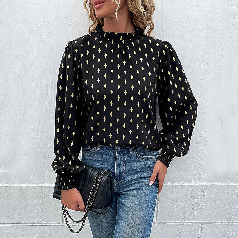 Damen Elegante Chiffonbluse mit Rauten-Print, gerafftem Stehkragen und Ballonärmeln Nord Taschen