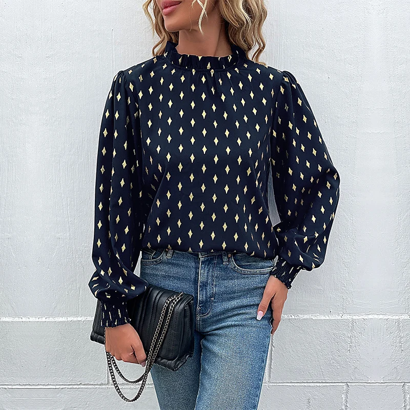 Damen Elegante Chiffonbluse mit Rauten-Print, gerafftem Stehkragen und Ballonärmeln Nord Taschen