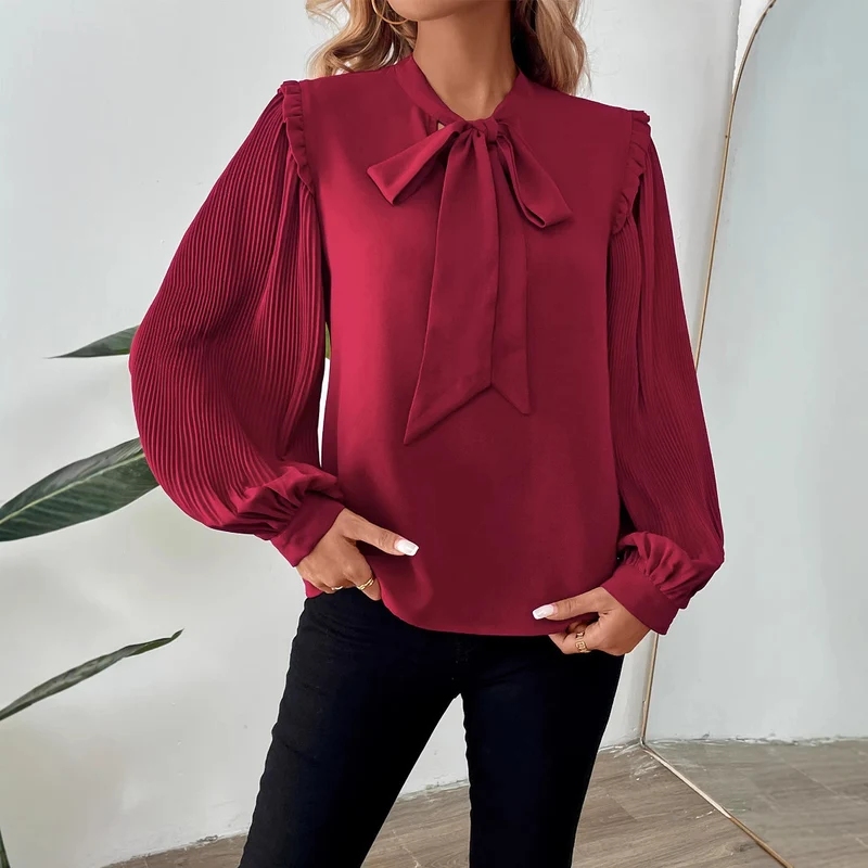 Damen Elegante Chiffon-Bluse mit Schleifenkragen und Plissee-Ärmeln Nord Taschen