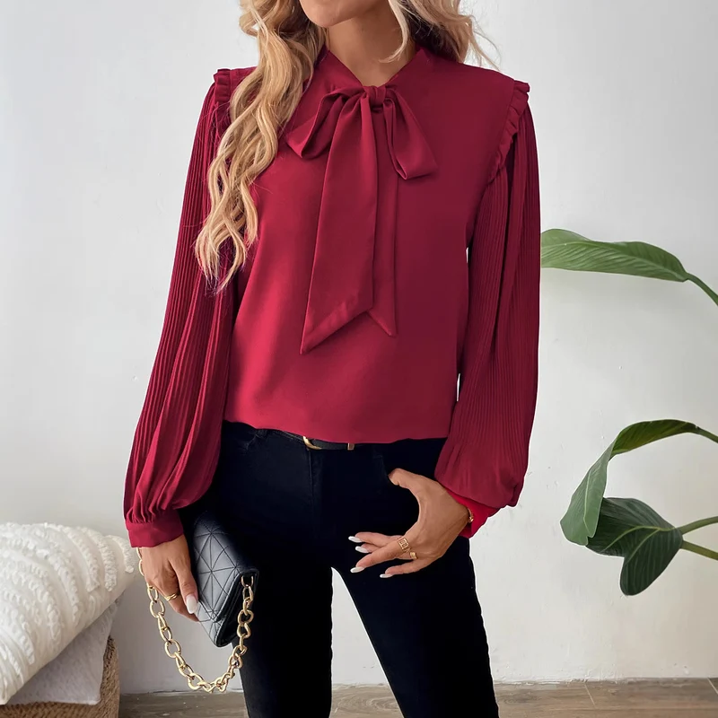 Damen Elegante Chiffon-Bluse mit Schleifenkragen und Plissee-Ärmeln Nord Taschen