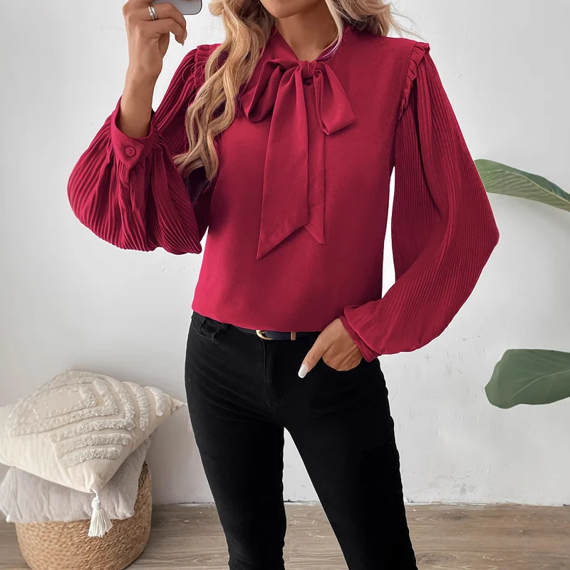 Damen Elegante Chiffon-Bluse mit Schleifenkragen und Plissee-Ärmeln Nord Taschen