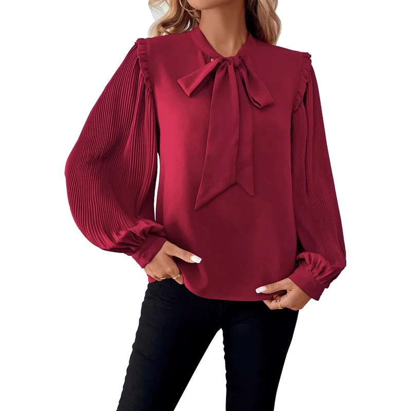 Damen Elegante Chiffon-Bluse mit Schleifenkragen und Plissee-Ärmeln Nord Taschen