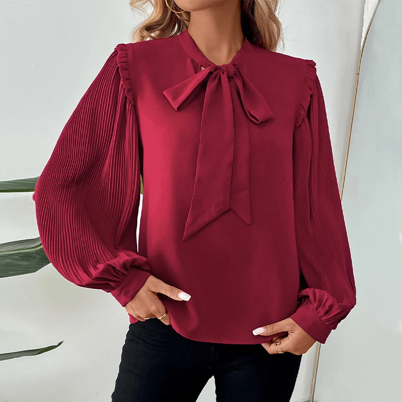 Damen Elegante Chiffon-Bluse mit Schleifenkragen und Plissee-Ärmeln Nord Taschen