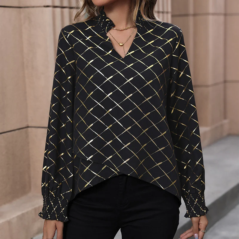 Damen Elegante Bluse mit V-Ausschnitt, schimmerndem Gitterprint und gerafften Manschetten Nord Taschen