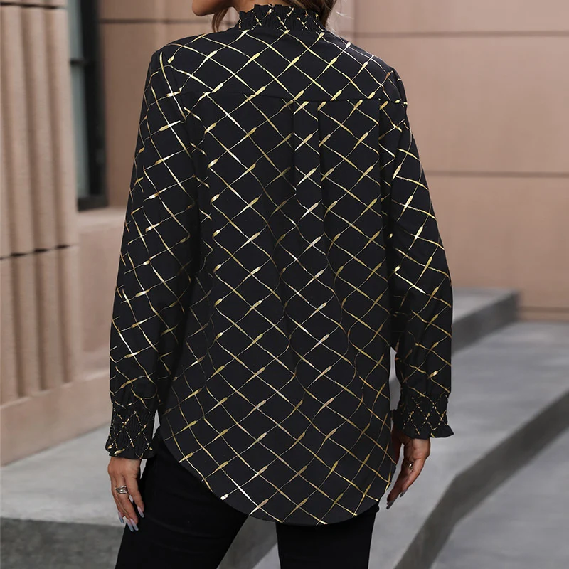 Damen Elegante Bluse mit V-Ausschnitt, schimmerndem Gitterprint und gerafften Manschetten Nord Taschen