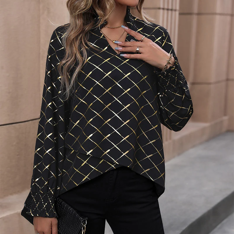 Damen Elegante Bluse mit V-Ausschnitt, schimmerndem Gitterprint und gerafften Manschetten Nord Taschen