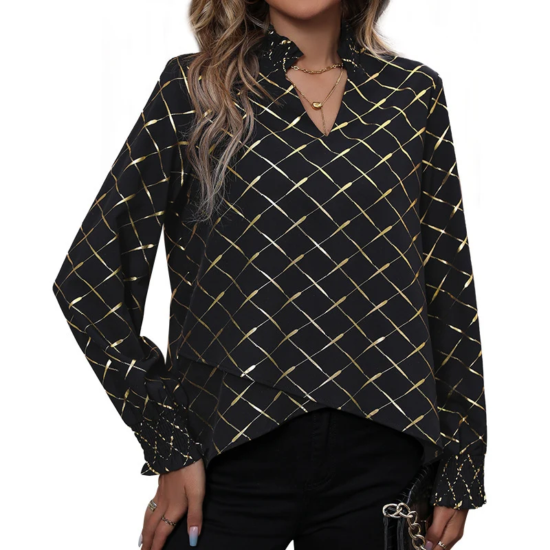Damen Elegante Bluse mit V-Ausschnitt, schimmerndem Gitterprint und gerafften Manschetten Nord Taschen