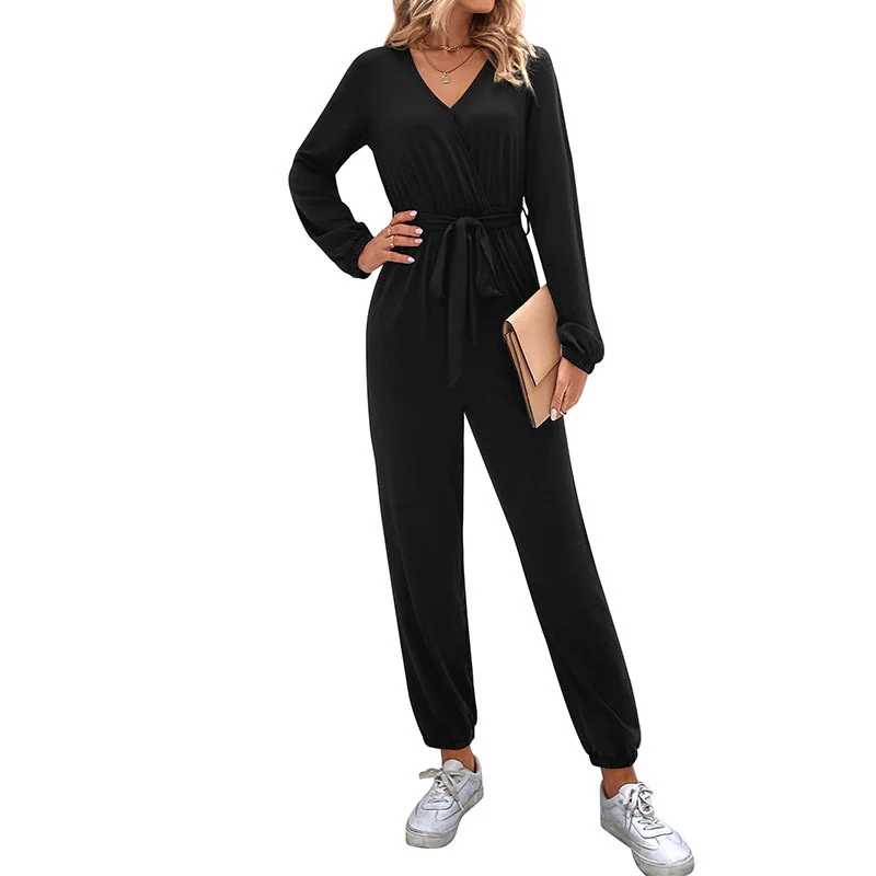 Damen Einteiliger Jumpsuit mit V‑Ausschnitt, Tunnelzug‑Taillengürtel & Jogger‑Bündchen Nord Taschen