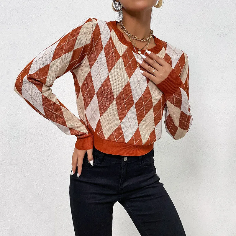 Damen Cropped Strickpullover mit Argyle-Rautenmuster und tailliertem Rippbund Nord Taschen