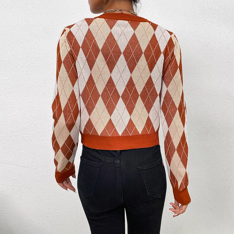 Damen Cropped Strickpullover mit Argyle-Rautenmuster und tailliertem Rippbund Nord Taschen