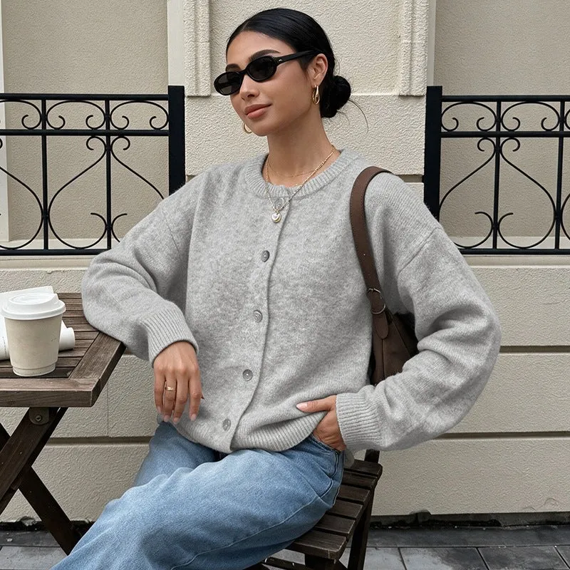 Damen Cropped Kuschelstrick-Cardigan mit Rundhals, Perlmuttknopfleiste und gerippten Abschlüssen Nord Taschen